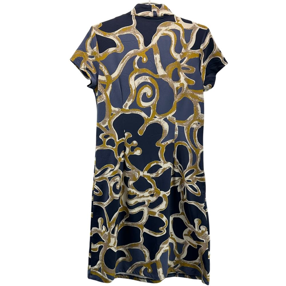 J. McLaughlin Navy, Gold & White Abstract Swirl Short-Sleeve Dress - Picture 2 of 11